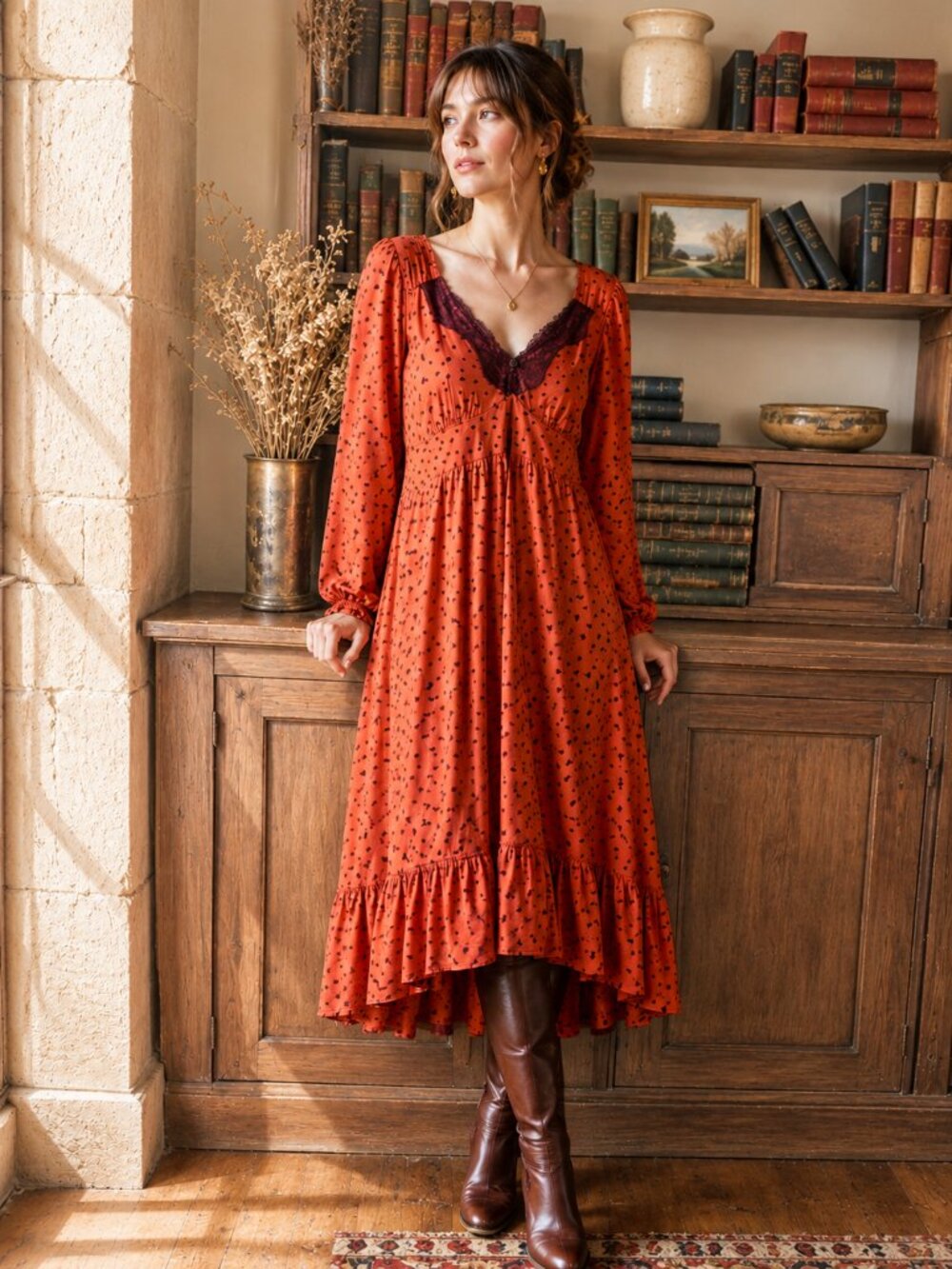 Lace Trim Odd Molly Whimsigoth Heart Print Midi Dress 4